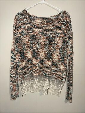 BKE Boutique Women’s Small Multicolor Open Knit Sweater Lace Hem Boho